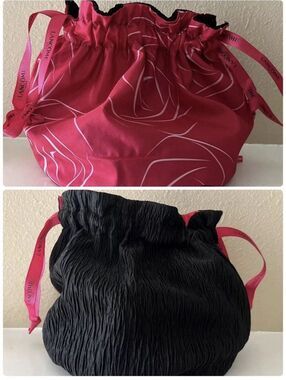 LANCÔME Reversible Pouch Cosmetic Bag Crepe-Nylon Black Pink Drawstring Logo